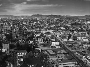 1937 View looking northwest from City Hall tower over the Hall of Records. Bunker Hill is covered with multiple dwellings.