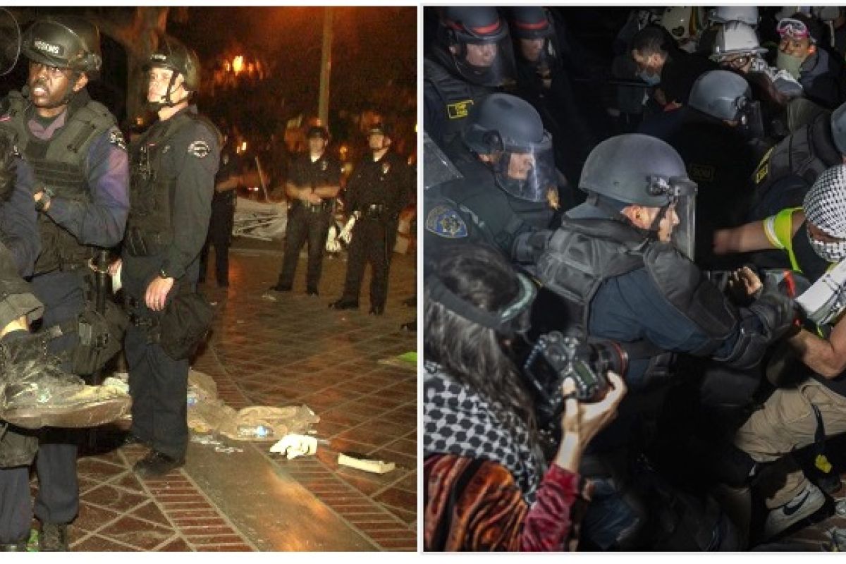 Vigilantes and police attacked the 2024 student anti-war encampment at UCLA (photo right), just like the police attacked the Occupy Wall Street encampment at LA’s City Hall in 2009 (photo left).